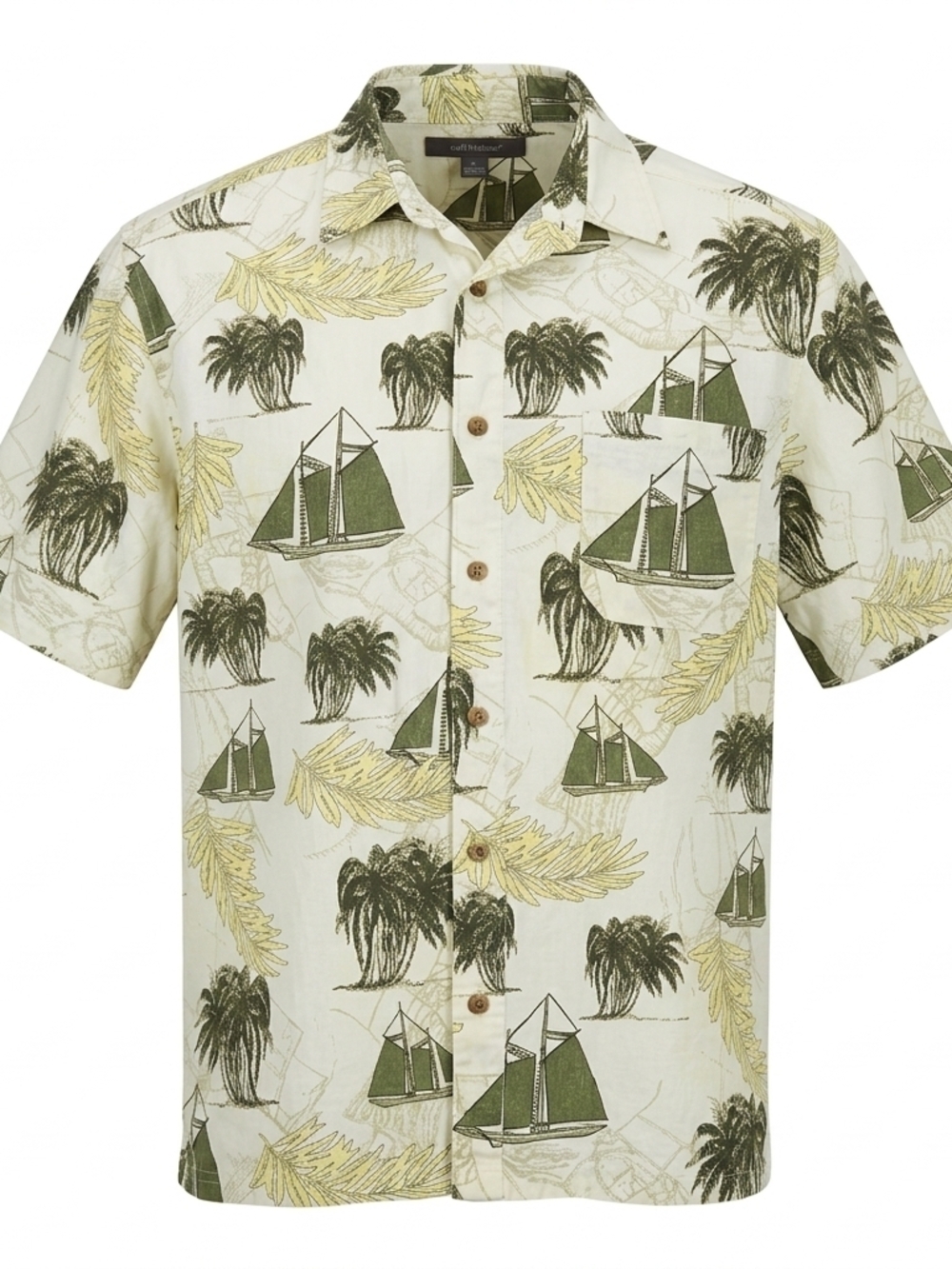 Croft & Barrow Men’s Large‎ Tropical Sailboat Palm Tree Hawaiian Shirt Olive